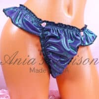 Ania's ruffled sissy pouch FLUTTER Men's thong Metallic foil Green/Purple humiliation panties sz M/L