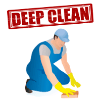 A cartoon cleaner with deep clean in big red letters above