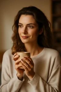 What Women Notice First on a Date (And Why It Can Make or Break a Date) 6 A photograph captures a young woman with wavy hair, holding a cup of hot beverage, evoking warmth, clarity, and connection.