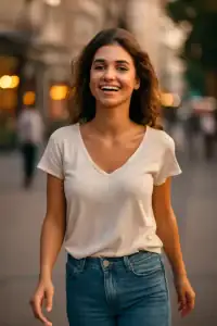 a photo of a young woman walking down the street,