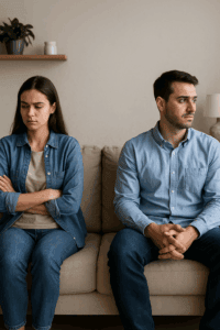 Couple with emotional distance, sitting far apart on a couch.