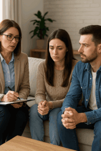 Couple discussing their relationship with a marriage counselor.