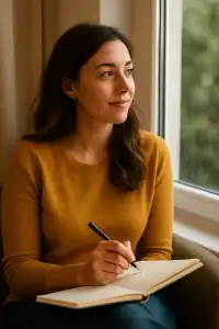Woman journalling and looking outside of a window