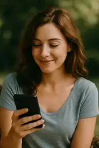 A woman sitting with a thoughtful expression, looking at her phone, feeling uncertain.