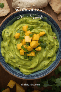 image of guacamole with diced pieces of mango in it,