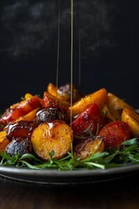 water-drooling image of roasted root vegetables with maple glaze,