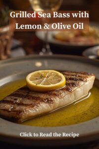 closeup image of grilled sea bass with lemon and olive oil,