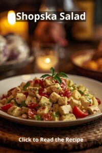 🇲🇰 North Macedonian Date Night Recipes: Cozy Balkan Flavors for Two 8 closeup of a North Macedonian Shopska salad served on a plate om a rustic and romantic table,
