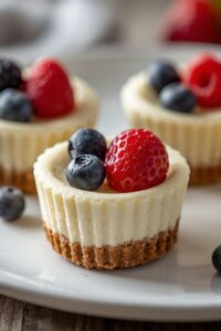 closeup image of mini cheesecake cups topped with berries,
