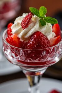 closeup image of strawberries and whipped cream served in a glass,