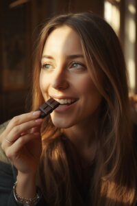 Foods to Avoid During Your Period (And What I Eat Instead) 6 image of a woman enjoying dark chocolate,