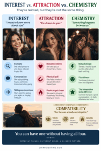 Interest vs. Attraction vs. Chemistry: What's the Difference? 5 comparison infographic between interest and attraction and chemistry,