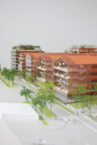 détail sur les batiments bureaux de la maquette des grandes serres de Pantin