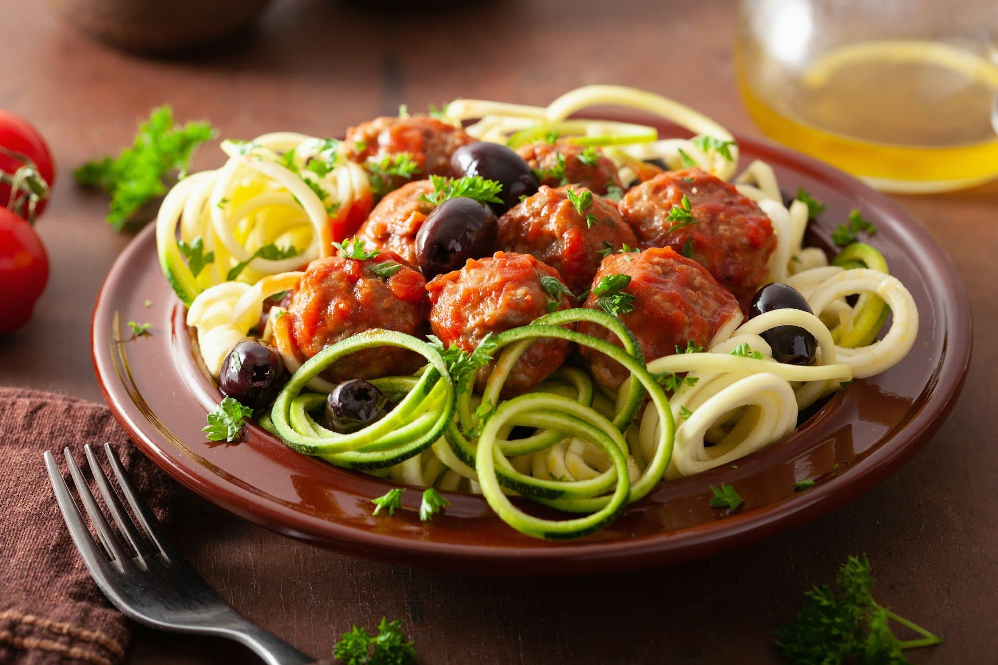 keto paleo zoodles zucchini noodles with meatballs and olives