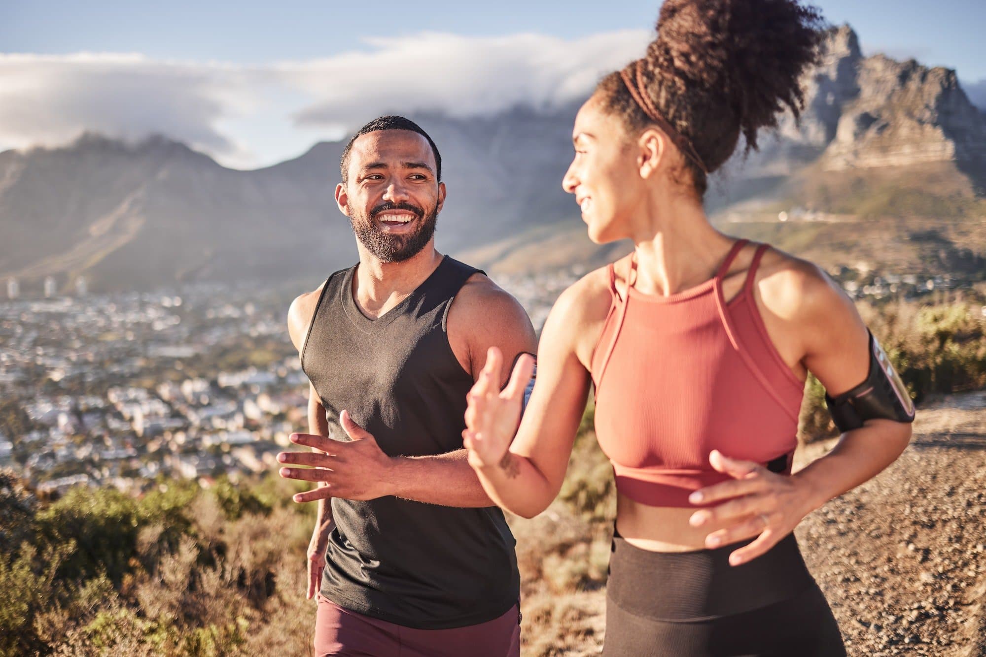 Training, exercise and black couple running in nature for fitness, heart health and wellness. Sport