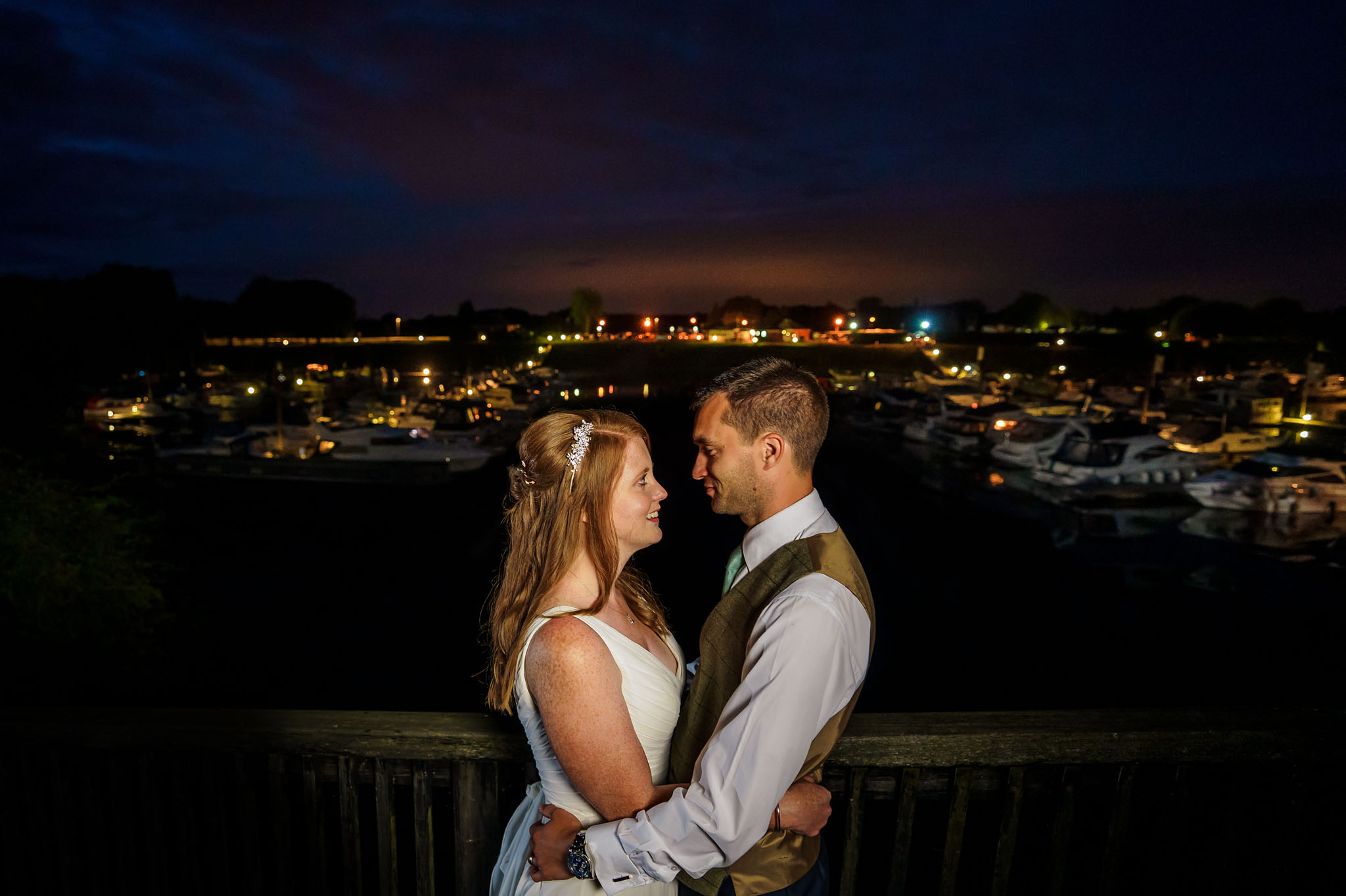 night time bride and groom portrait