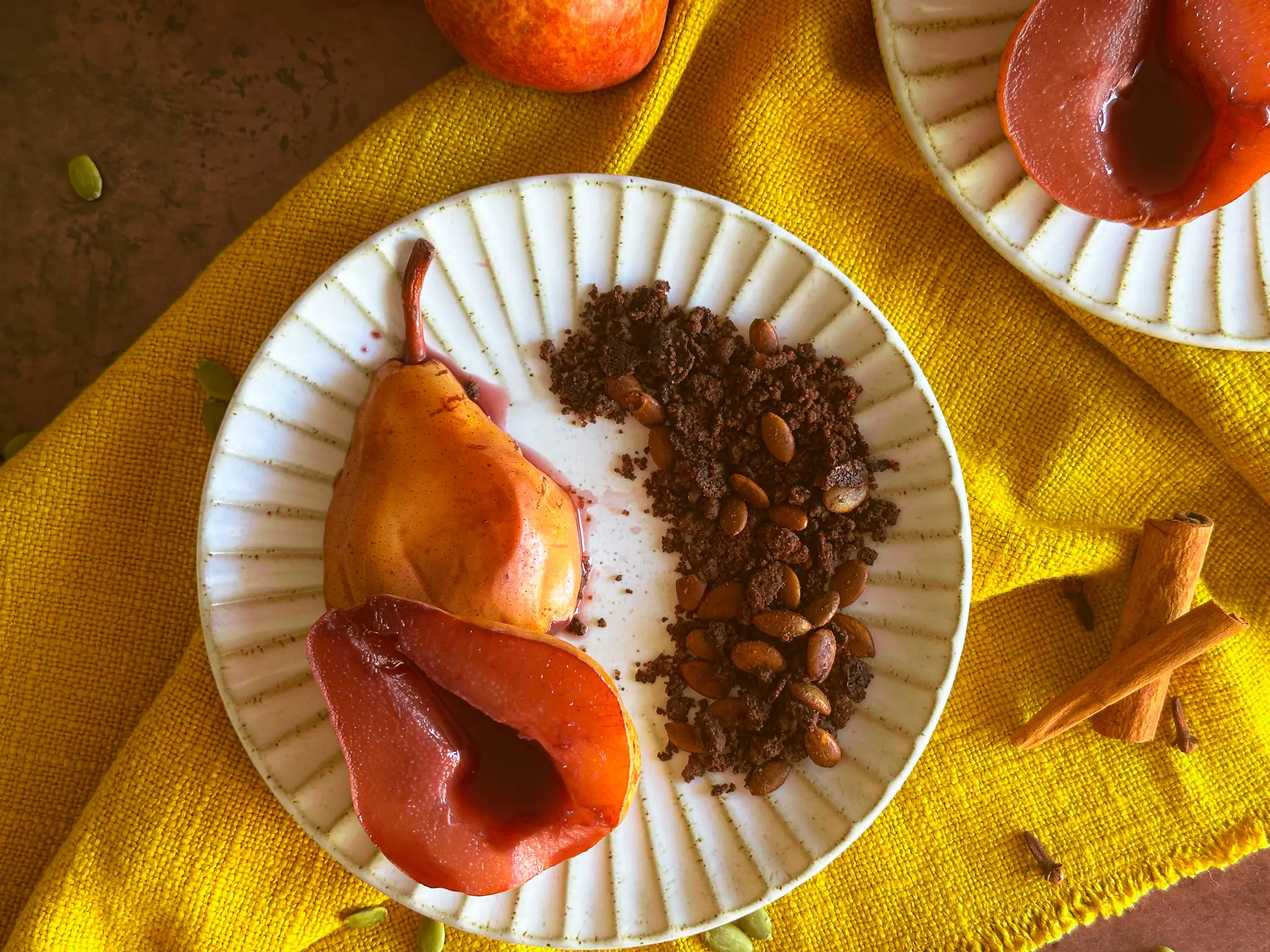 Red Wine Poached Pears with Chocolate Crumble