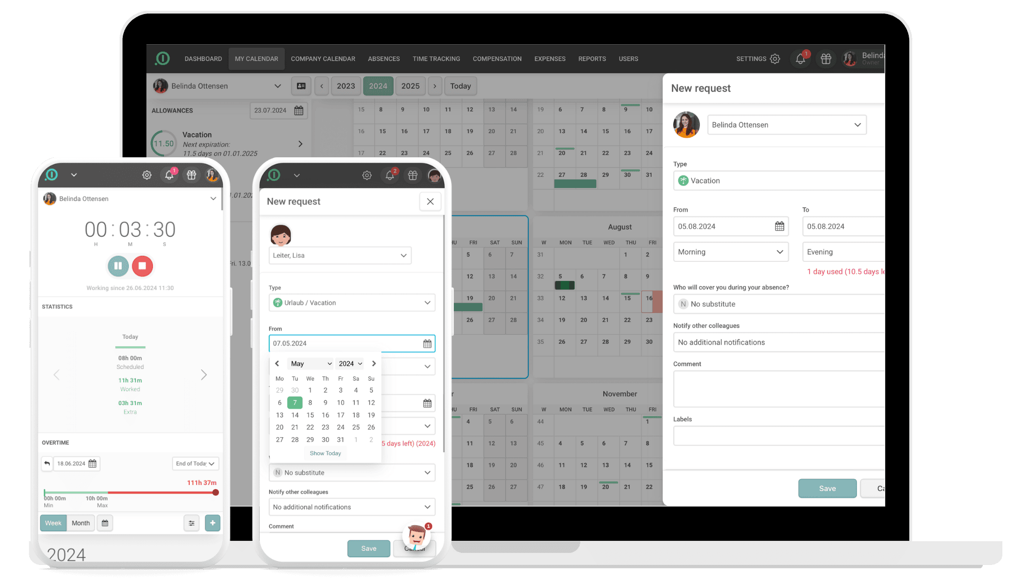 The absence management and time tracking of absence.io on a smartphone and a laptop On one smartphone you see the digitale time tracking mobile app. On the other smartphone you see how a vacation request is created. the laptop shows a team absence calendar. 