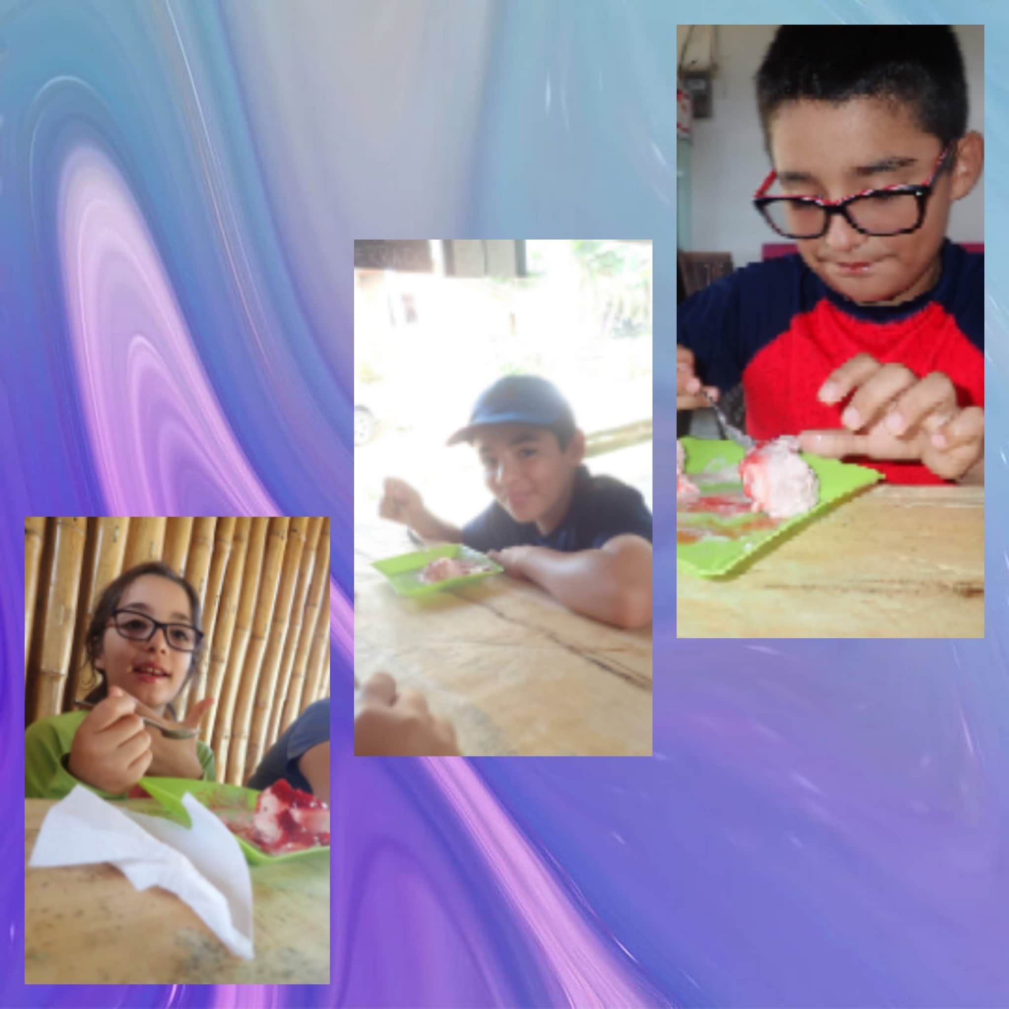 Marco, Mateo and Daniela eating ice cream at La Tarteria Minca Colombia