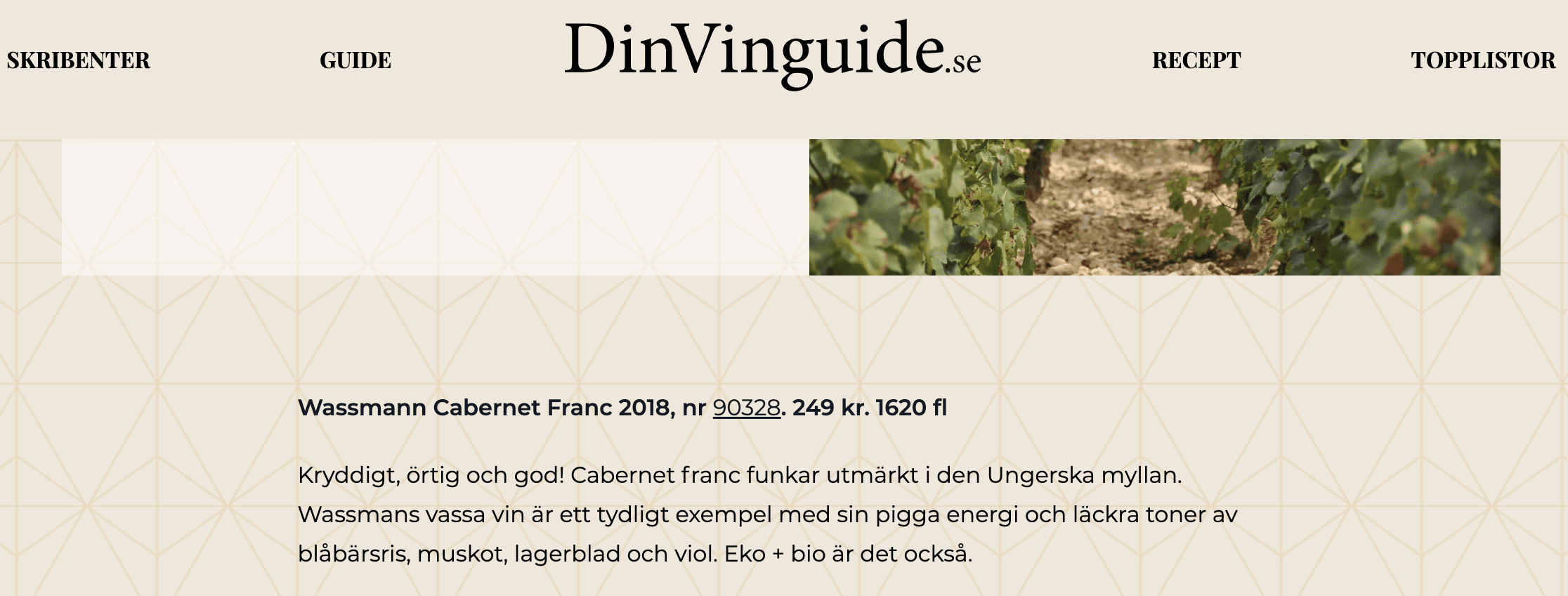 Dinvinguide.se recension Wassmann Cabernet Franc 2018