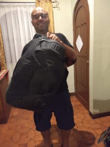 Joe From T.O. holding Osprey 55L backpack