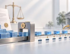 Blocos representando créditos judiciais atravessam um limitador e seguem por uma linha do tempo mensal