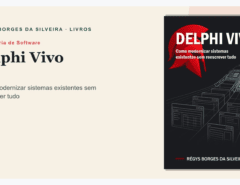 Código Delphi em editor ao lado de um diagrama de modernização incremental de sistema legado