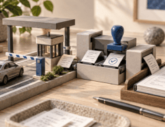 Miniatura de praça de pedágio com comprovantes e registro de manifestações do adquirente.