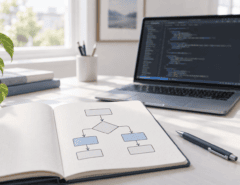 Mesa clara de desenvolvimento com notebook mostrando um fluxo de decisão e computador com código desfocado, representando a escolha de modelos de IA para programar.