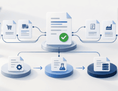 Documento técnico aprovado conectado a diferentes documentos fiscais e às etapas de especificação, teste e produção