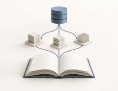 Ilustração conceitual de um livro aberto ligado a estruturas de dados e a um símbolo de banco de dados.