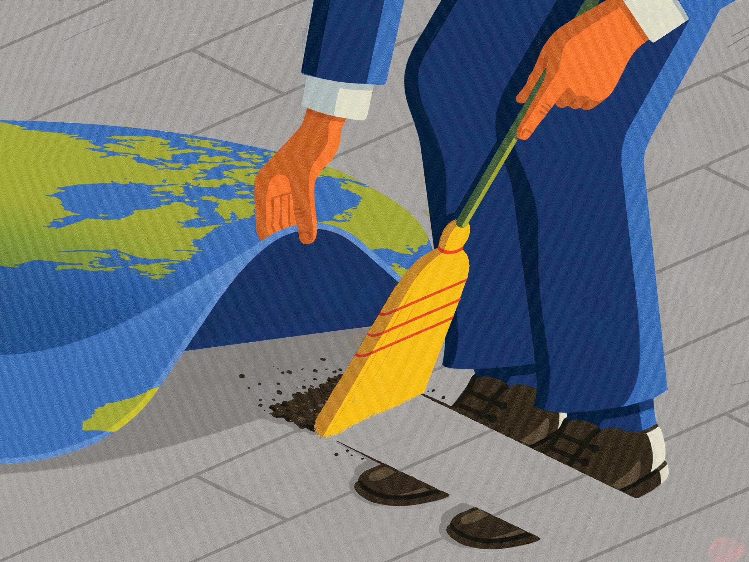 Canada's carbon tax: Who's paying (and not paying) | An illustration of a person sweeping dirt under a rug