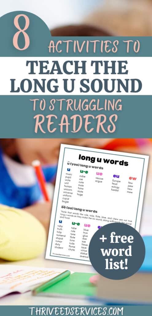 8 activities to teach the long u sound to struggling readers pin image