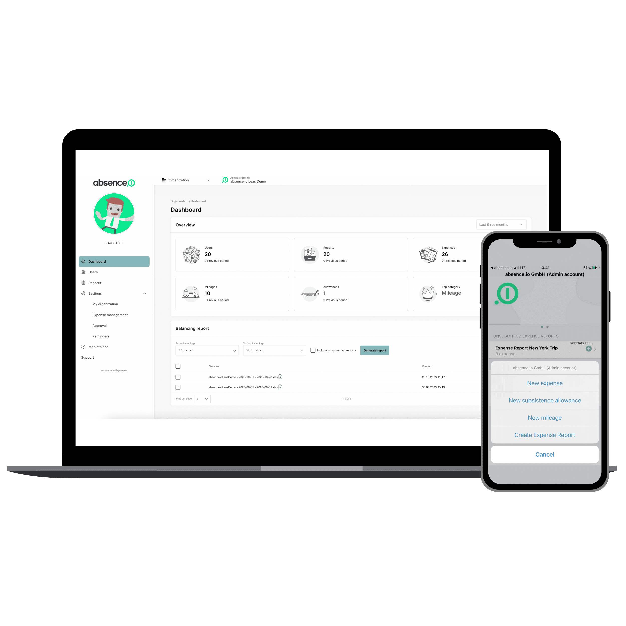 The travel expense reporting app from absence.io on a MacBook and an iPhone.