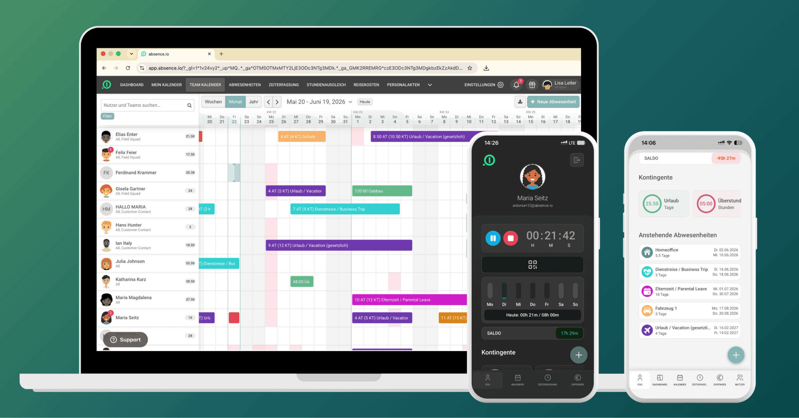 HR-Software für IT-Dienstleister (1) Screenshot der absence.io Software: Team-Kalender auf dem Laptop, Zeiterfassung und Kontingente-Übersicht auf dem Smartphone