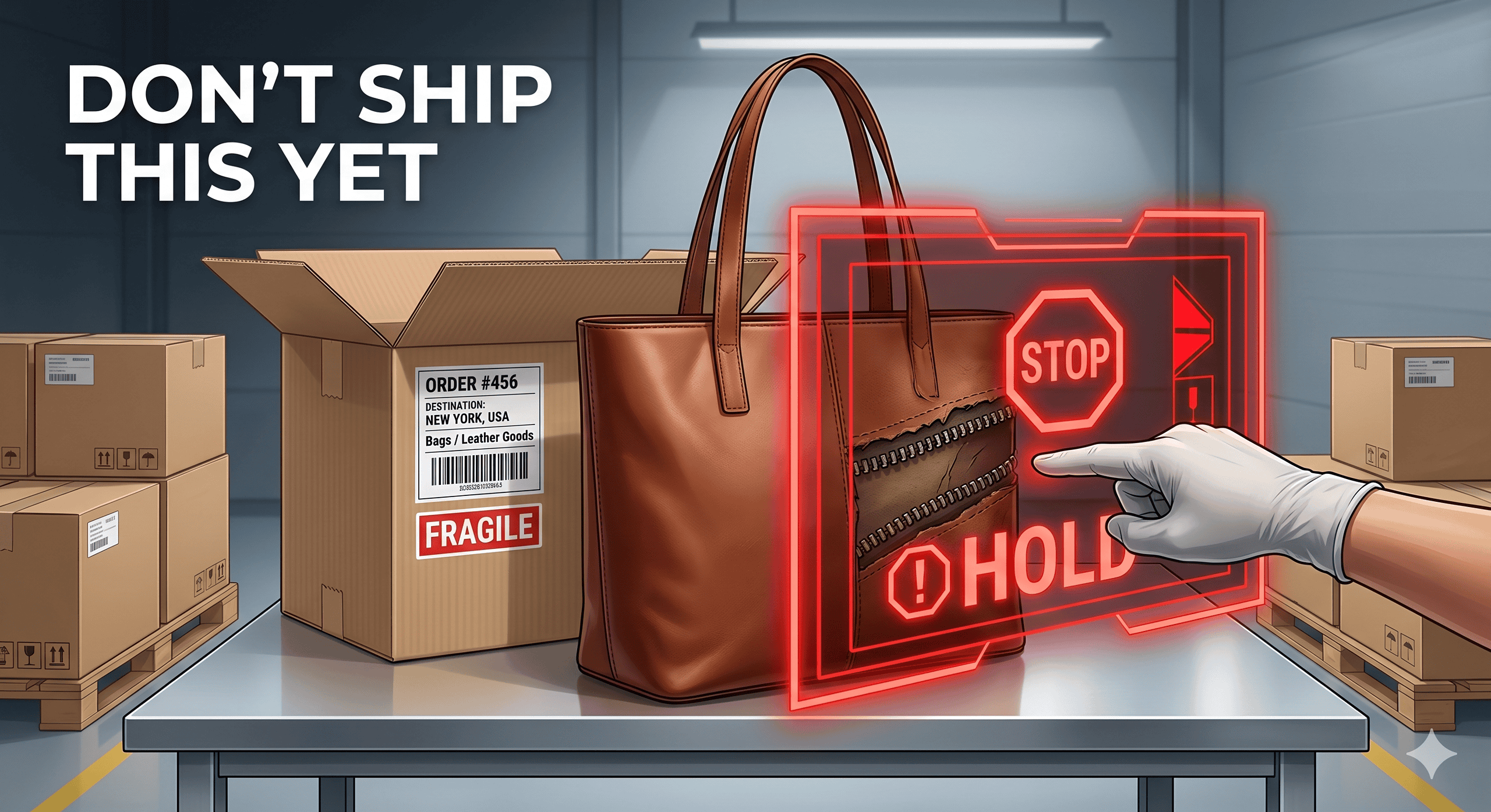 Editorial cover image for quality control for bags from China showing a shipment-ready bag with hidden QC failures that should be stopped before shipping