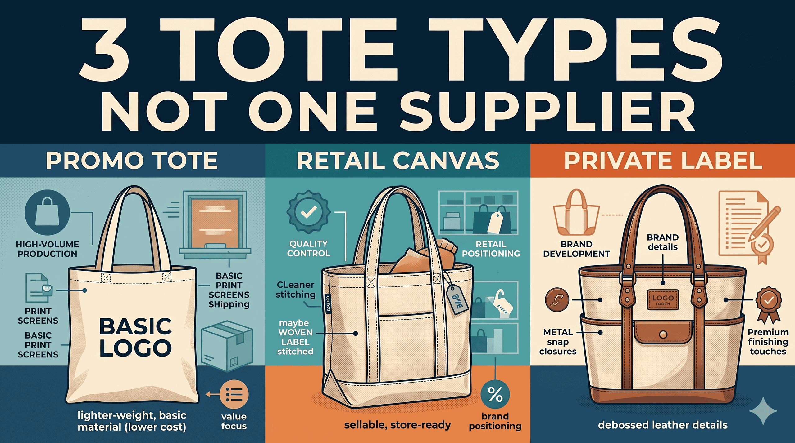 Editorial cover image for tote bag manufacturers in China showing three different tote sourcing paths including promo tote, retail canvas, and private label rather than one supplier fit for all