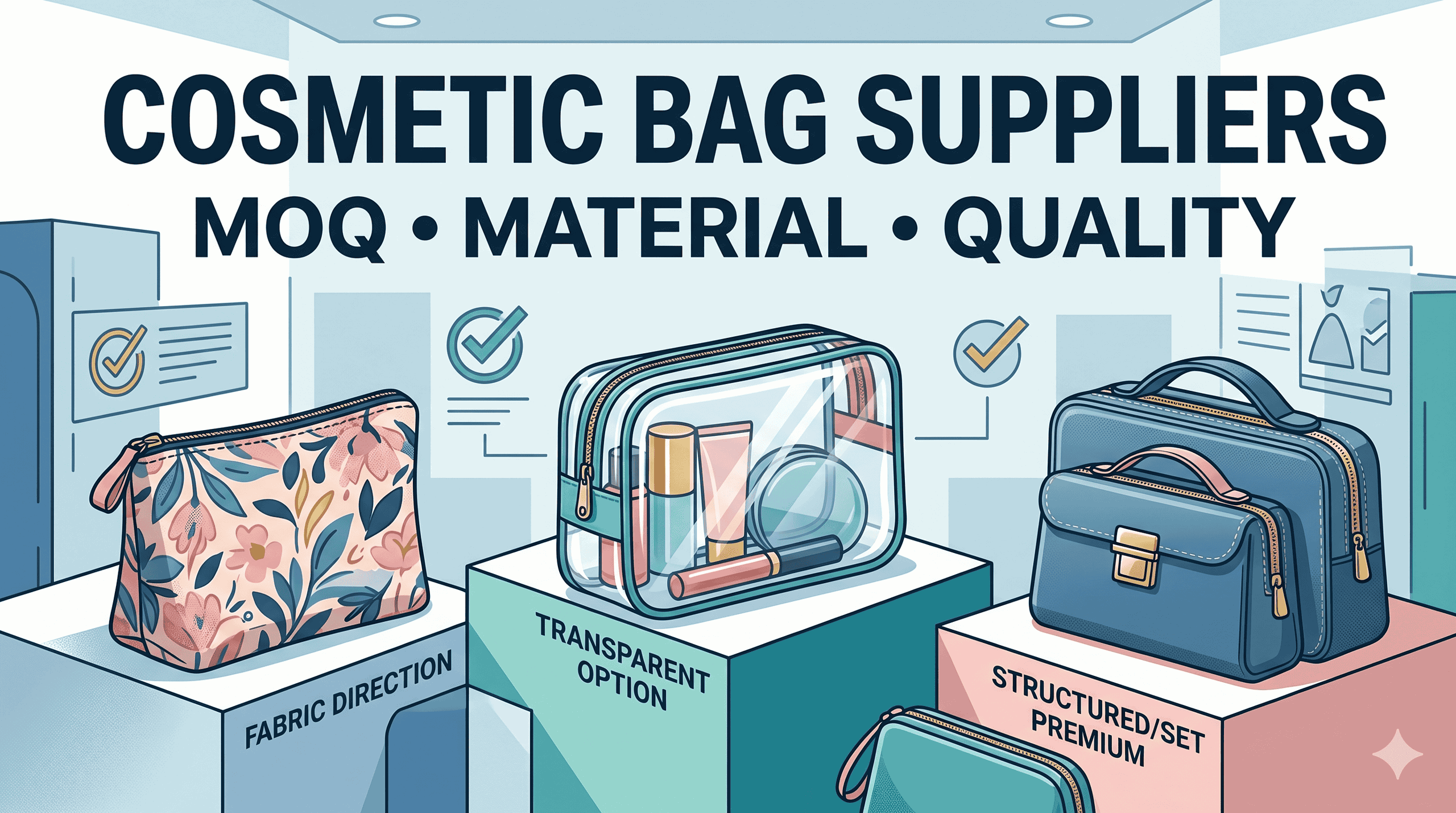 Editorial cover image for cosmetic bag suppliers in China showing buyers compare different cosmetic bag types through material direction, MOQ logic, and quality execution rather than treating the category as one simple product