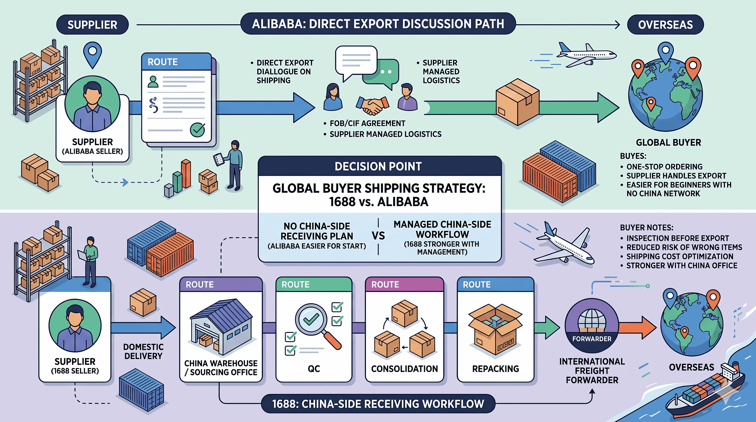 Editorial illustration showing Alibaba as a more direct export path and 1688 as a stronger workflow when goods first move to a China warehouse for inspection consolidation repacking and forwarding