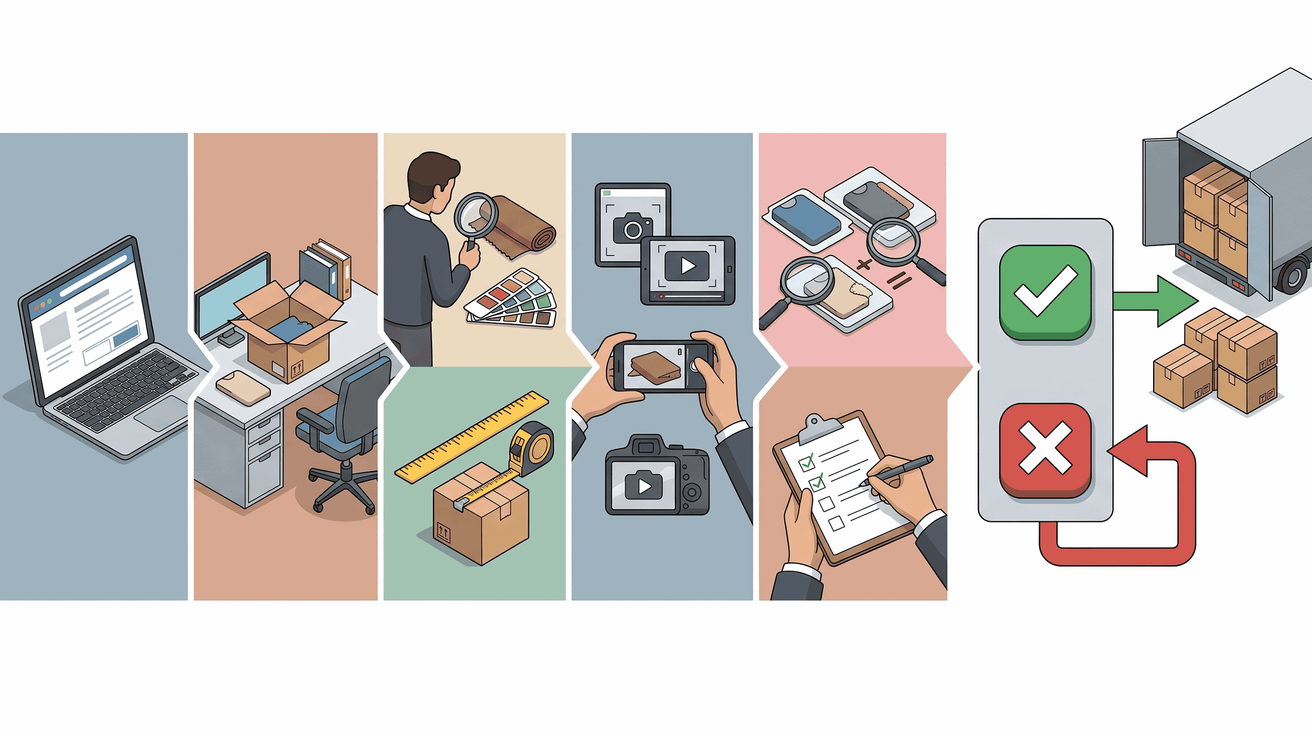 Editorial illustration showing a real sample and QC workflow for a China dropshipping agent including sample request sample arrival material and size checks packaging review evidence comparison notes and approve or reject decisions