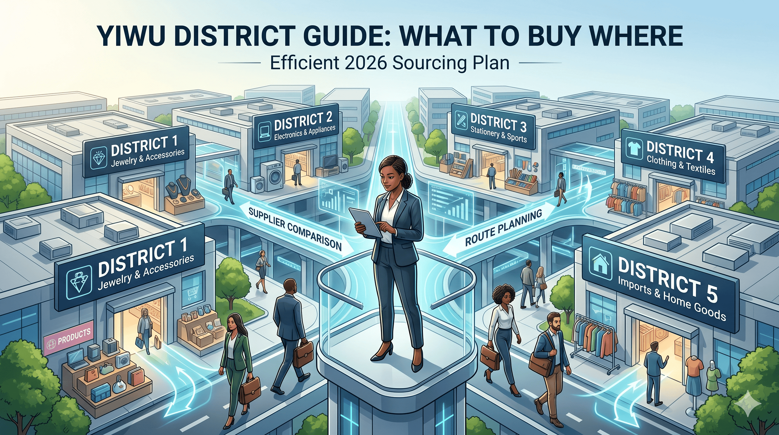Editorial cover image showing Yiwu Market as a district-based sourcing system with multiple market zones, category differences, buyer route planning and supplier comparison energy.
