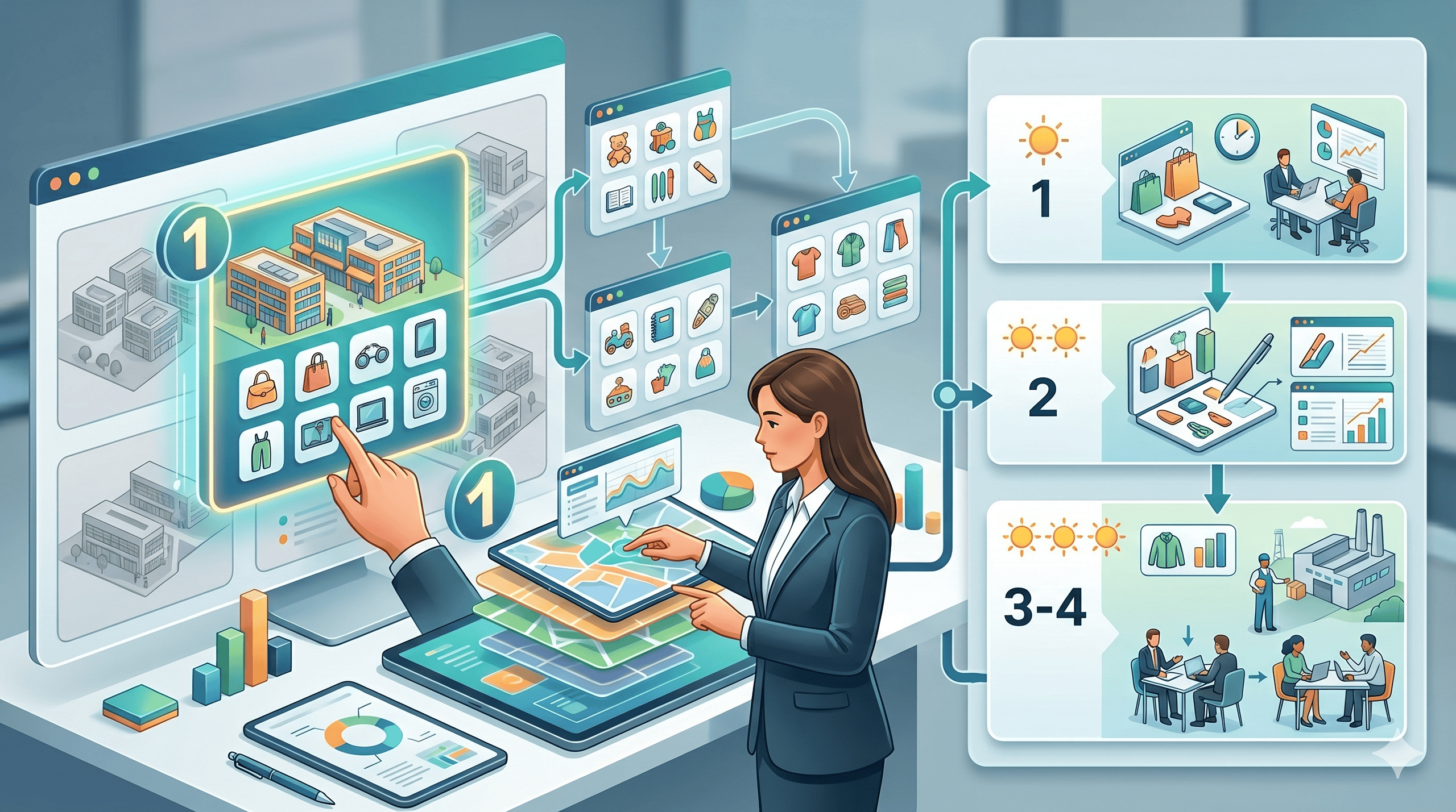 Editorial illustration showing a buyer planning a Yiwu route by district, deciding first-half-day priority, second-category tradeoffs, and realistic trip length for better supplier comparison.