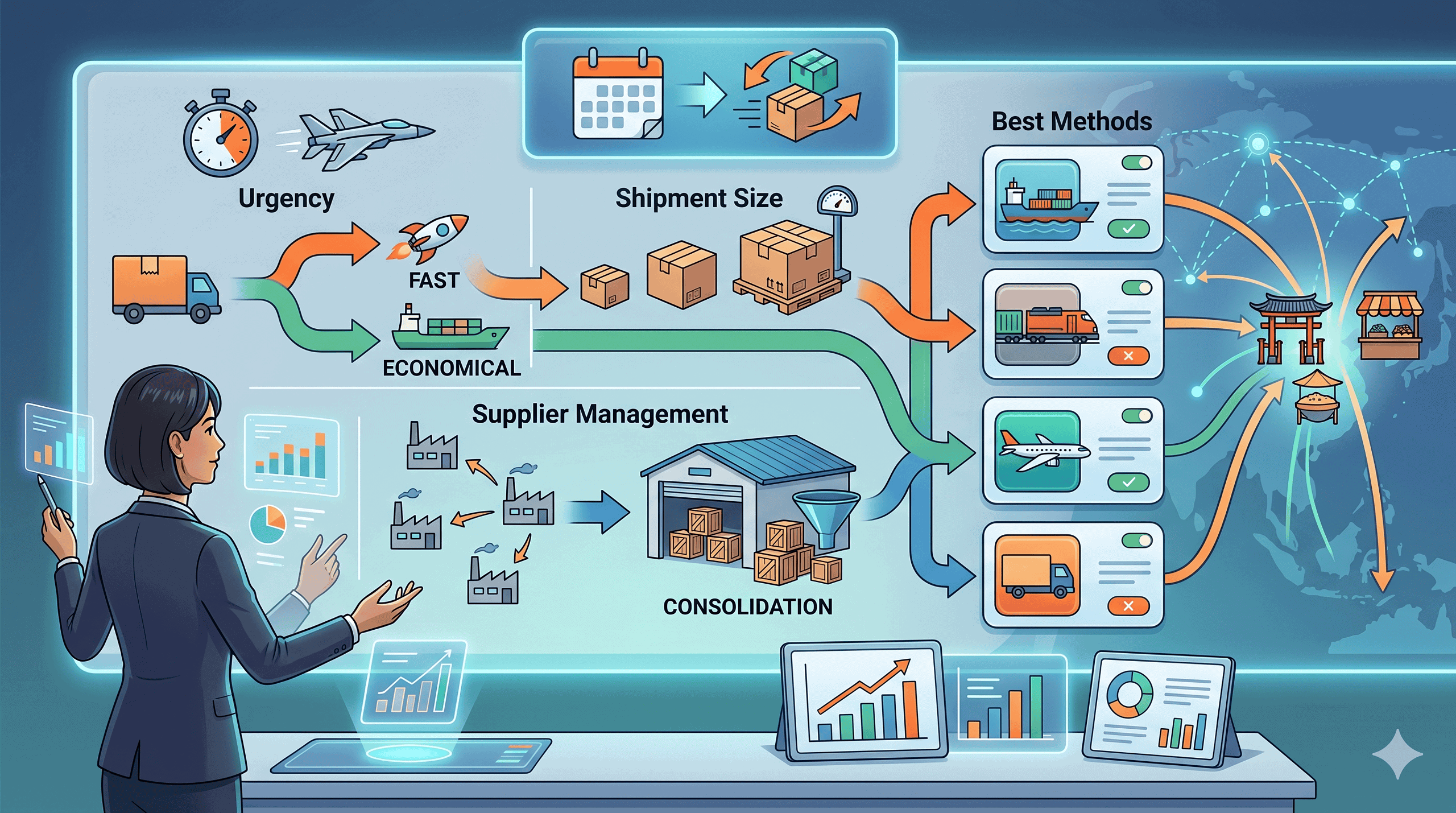 Editorial illustration showing a buyer deciding how to ship from Yiwu by judging urgency, shipment size, and whether scattered supplier deliveries should be consolidated before freight is booked.