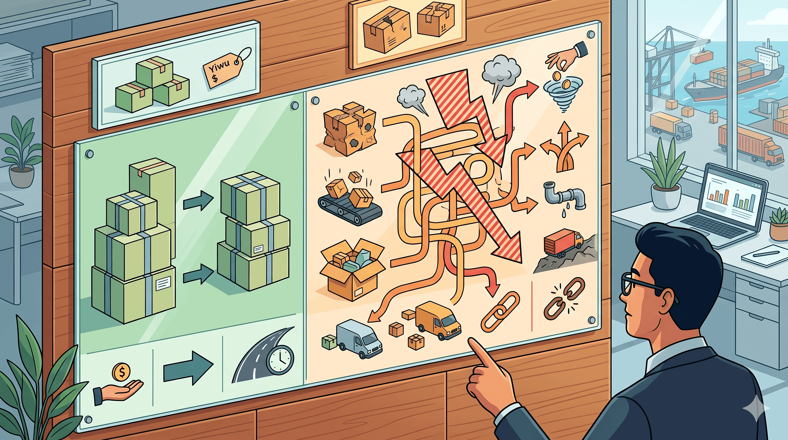 Editorial illustration comparing a cheap-looking Yiwu shipping quote with the true shipment shape after local handling, weak packing, scattered deliveries, and missing consolidation are considered.