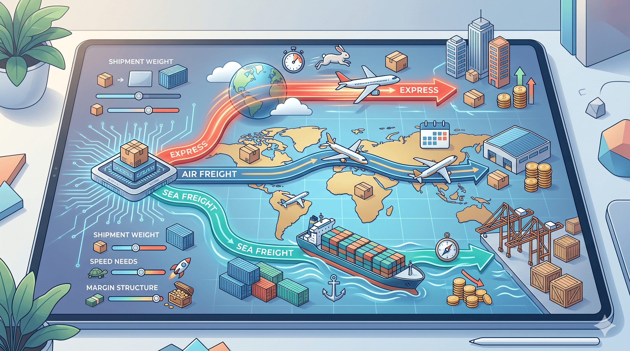 Editorial illustration showing a three-route decision map between express shipping, air freight, and sea freight based on shipment weight, speed needs, and margin structure.