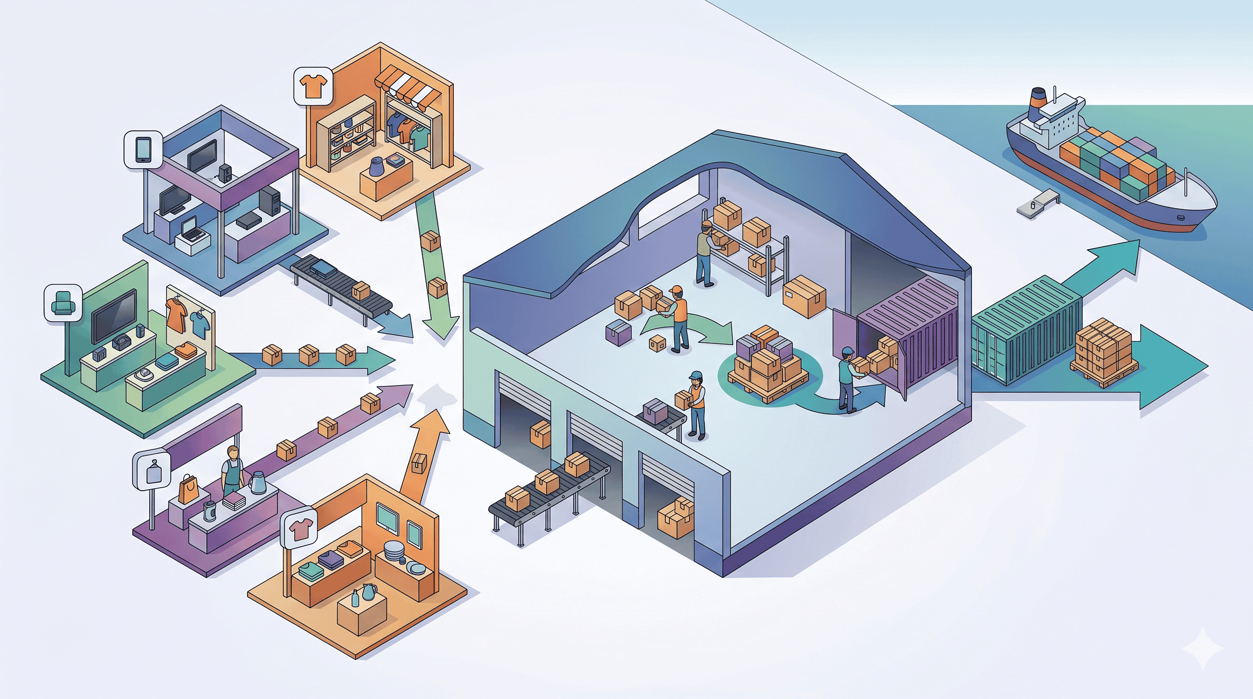 Editorial illustration showing multiple Yiwu suppliers feeding goods into one local warehouse and then one cleaner consolidated shipment leaving as a pallet or container flow.