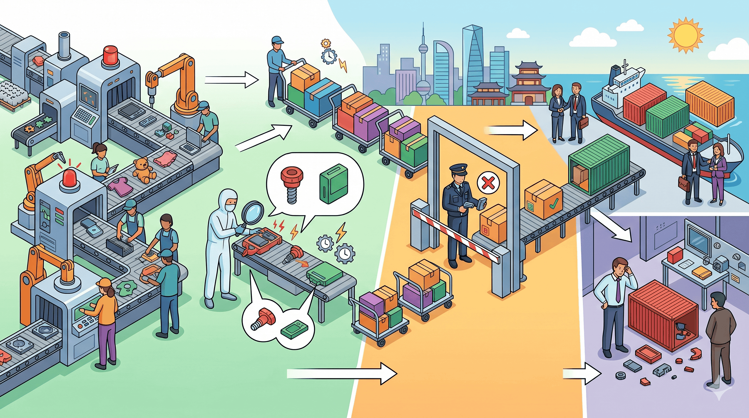 Editorial workflow map showing in-process inspection and pre-shipment inspection as the two key QC checkpoints.