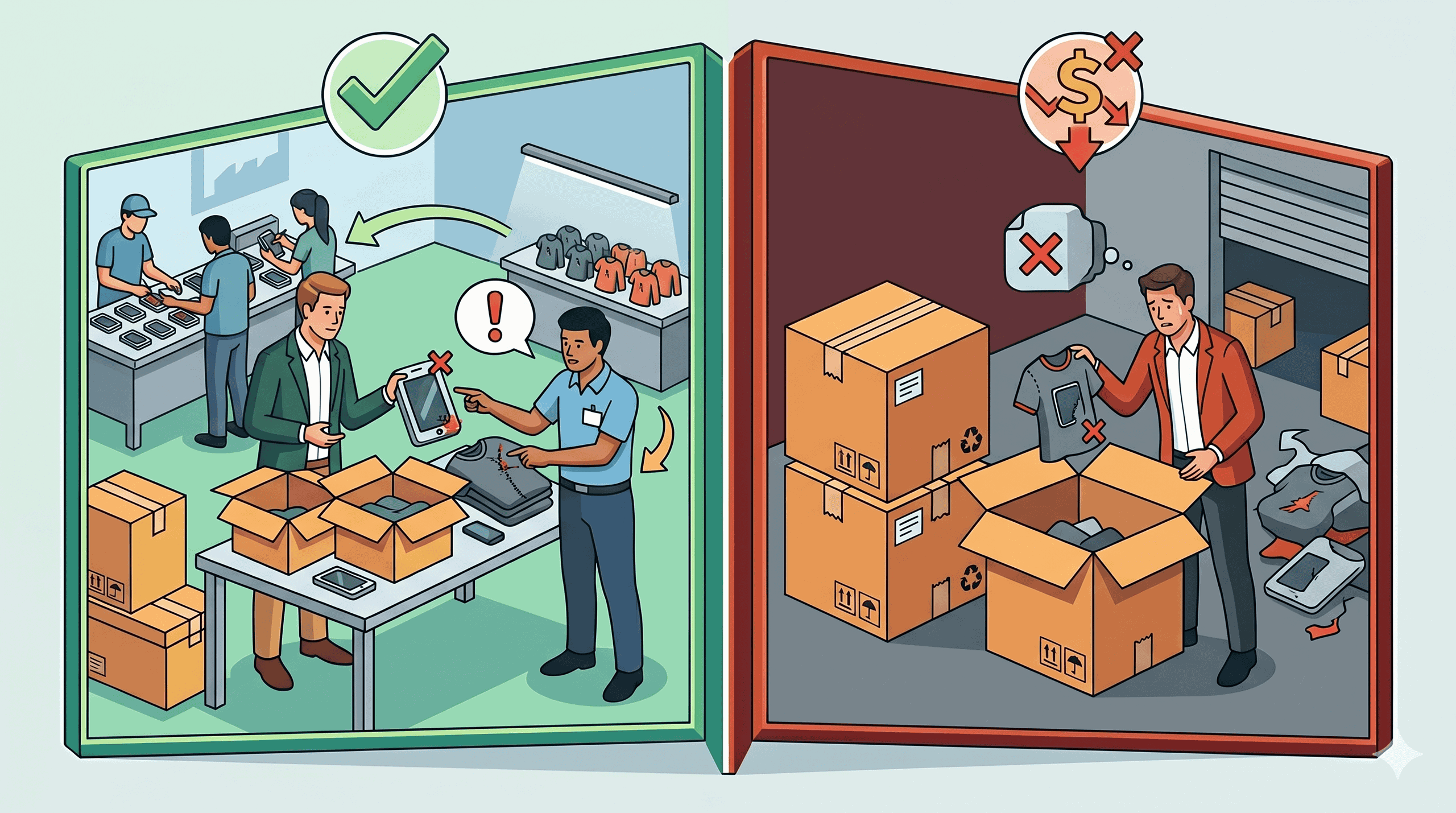Editorial comparison showing problems caught in China before payment versus the same problems found after shipping and arrival.