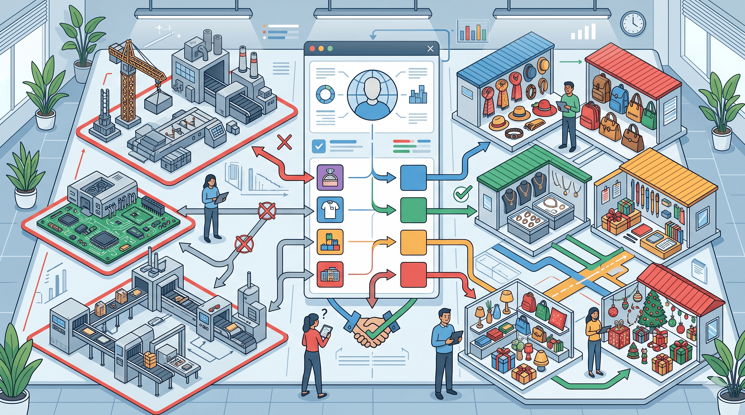 Editorial illustration comparing product categories that fit Yiwu well with categories that do not while showing district-style market zoning for buyer planning.