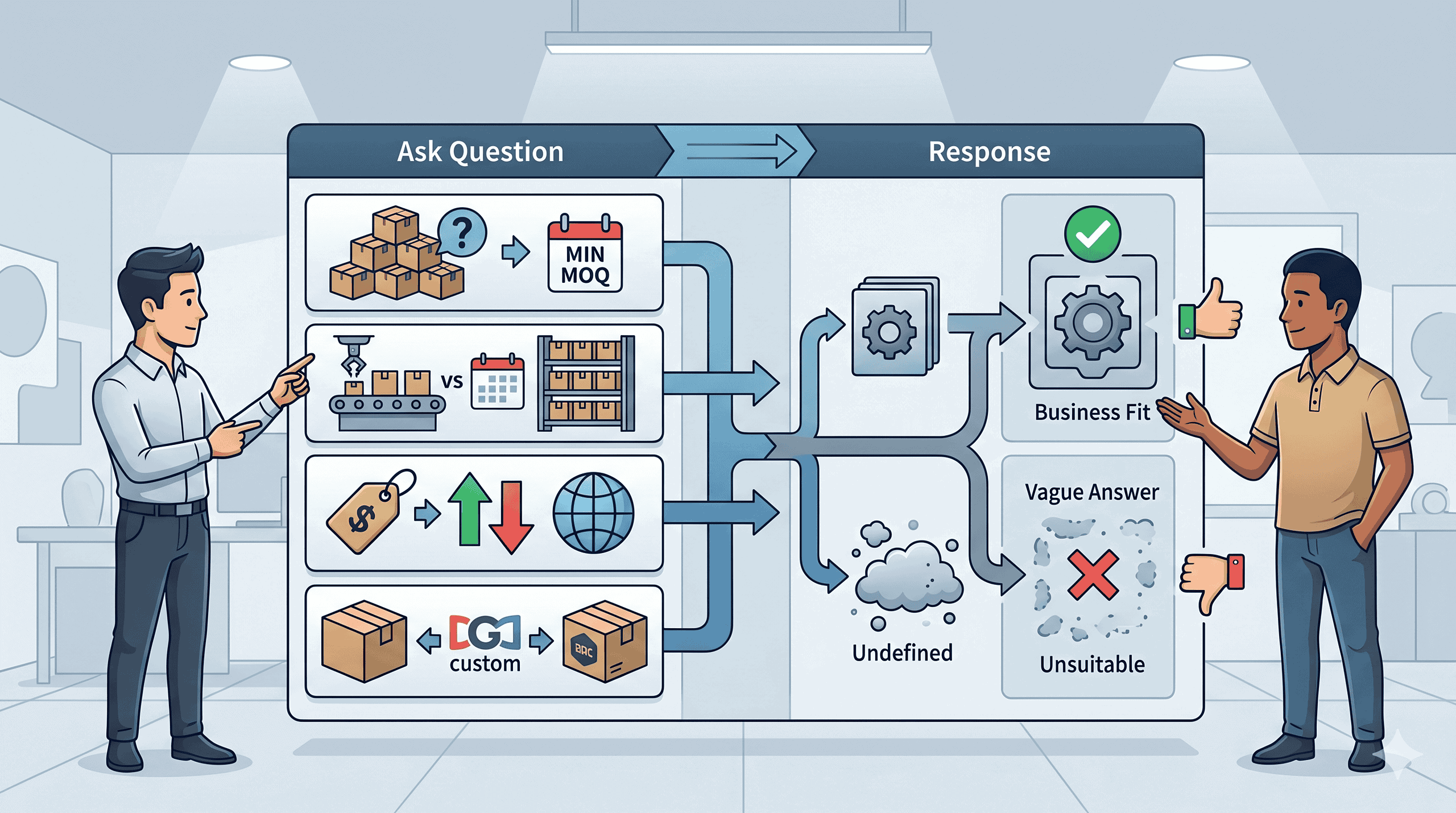 Editorial illustration showing a buyer testing Yiwu suppliers with the right sourcing questions about MOQ stock versus made to order price factors and packaging requirements.